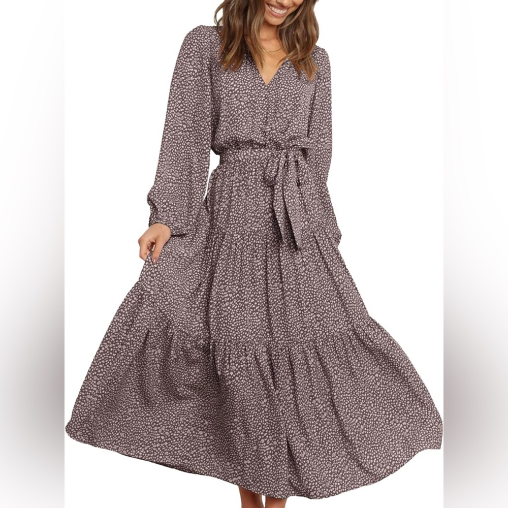 Prettygarden Women’s Long Sleeve Leopard Print Ruffle Dress - Brown - Size Large